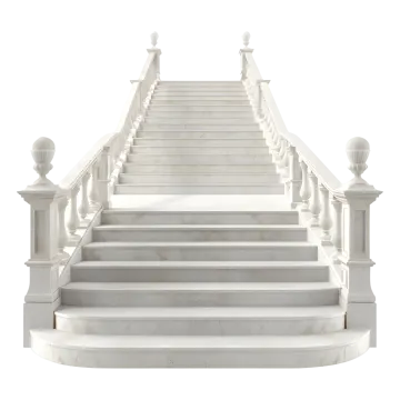 a white staircase with marble steps and railings