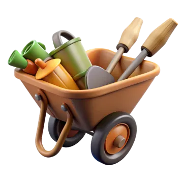 a toy wheel with gardening tools in it