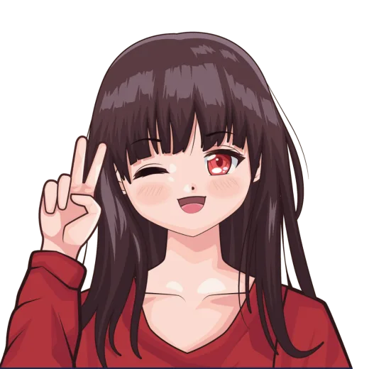 an anime girl with long black hair and red eyes