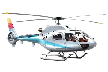 a white helicopter with blue and yellow trims