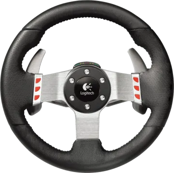 a steering wheel with a black leather and silver spoke