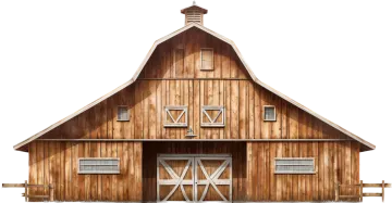 a wooden barn with two doors and windows