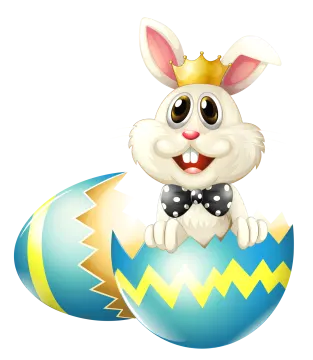 an easter bunny with a crown sitting inside of an egg