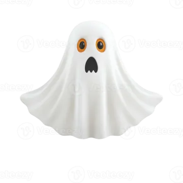 a white ghost with orange eyes and a black nose