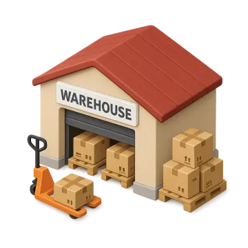 a warehouse with cardboard boxes and a fork