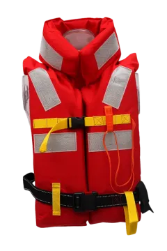a red life jacket with yellow straps