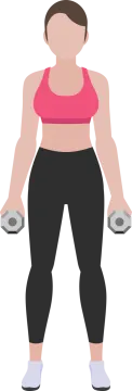 a woman in a pink top and black leggings, holding two dumb weights
