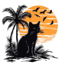 a black cat sitting on the beach next to a palm tree