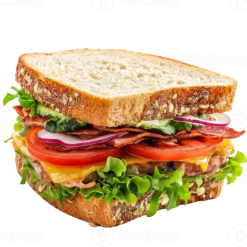 a sandwich with meat and vegetables on a white background