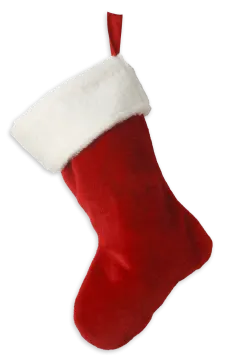 a red and white christmas stocking on a white background