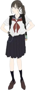 a girl in a school uniform with headphones
