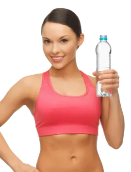 a woman holding a bottle of water