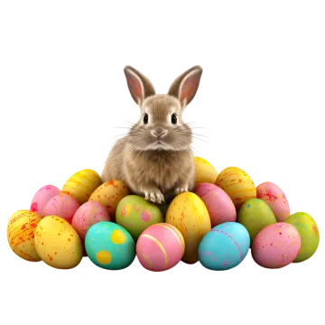 a rabbit sitting on top of a pile of painted eggs