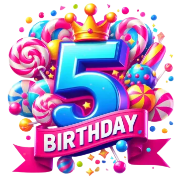 a birthday card with the number five and balloons