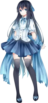 an anime girl with long black hair wearing a white shirt and blue skirt