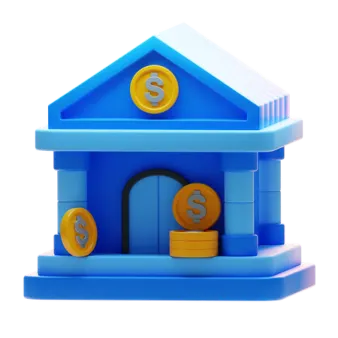 a blue house with coins on the roof