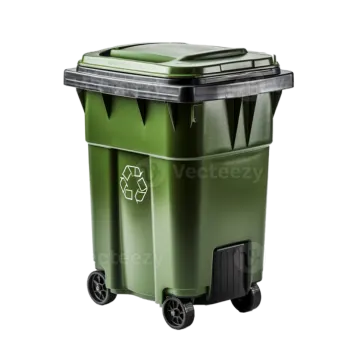 a green recycling bin with wheels