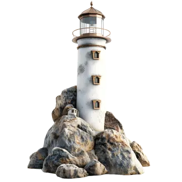 a white and brown lighthouse on top of some rocks