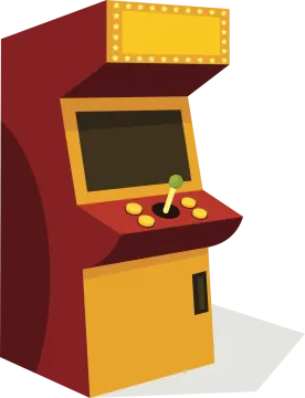 a red arcade machine with gold coins