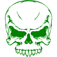a green skull with teeth and fangs