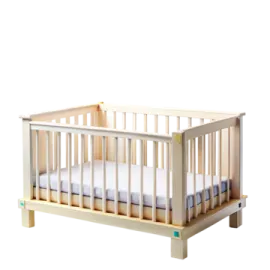 a wooden cribt with white sheets on it