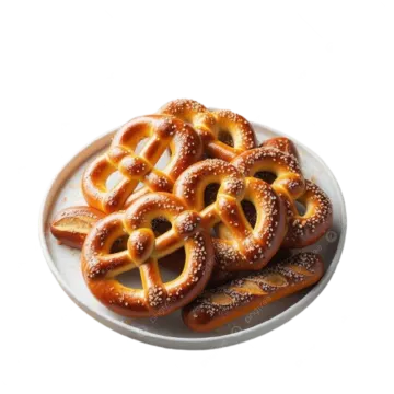 a plate filled with pretzes on a white background