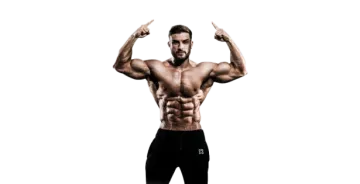 a man in black shorts and no shirt flexing his muscles