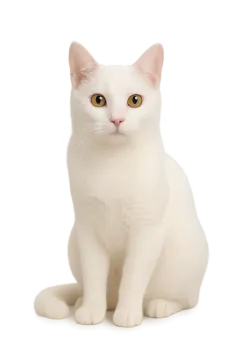 a white cat with yellow eyes sitting down