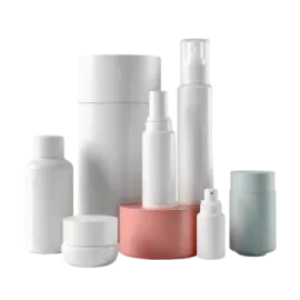 a group of white and pink plastic bottles