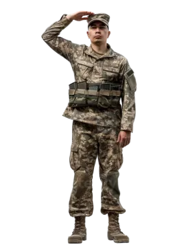 a soldier salutes with his hand on his head
