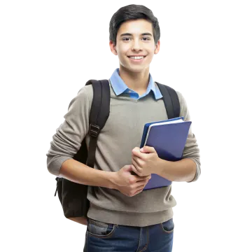 a young man holding a book and smiling at the camera