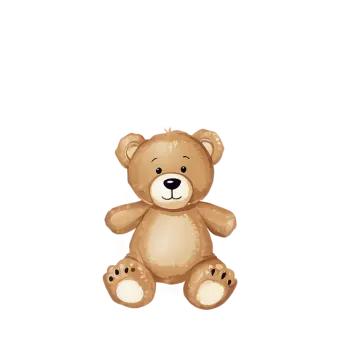 a brown teddy bear sitting in front of a white background