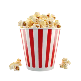 a red and white striped bucket filled with popcorn