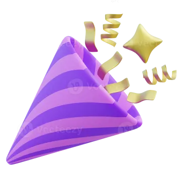 a purple and gold party hat with streamers