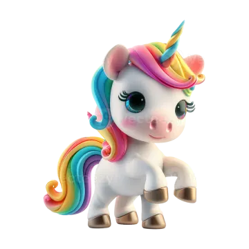 a cute little unicorn with a rainbow mane standing on a white background