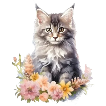 a watercolor painting of a kitten surrounded by flowers