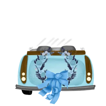 a blue car with a wreath on the front