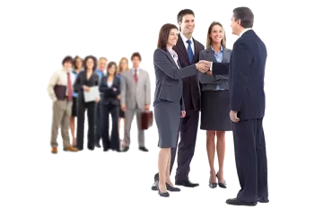 a group of people standing in front of a white background