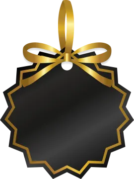 a black and gold label with a bow
