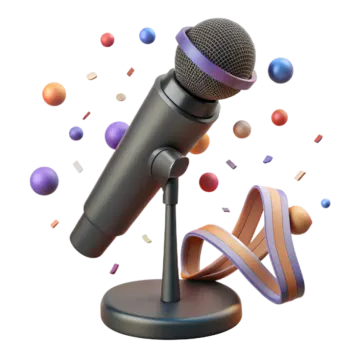 a microphone with balloons flying around it