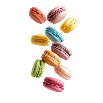 a bunch of macaros flying in the air