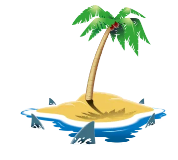 an island with a palm tree and sharks
