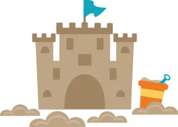 a sand castle with a bucket and shovel