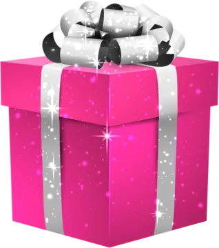 a pink gift box with silver ribbon and bow