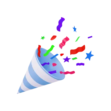 a blue and white party hat with colorful streamers