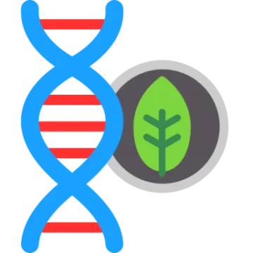 a blue and red dna with a green leaf