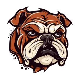 a bulldog's face with brown and white spots