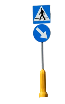 a blue and white sign with an arrow pointing left