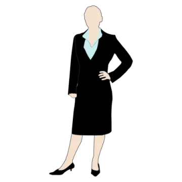 a woman in a business suit standing with her hands on her hips
