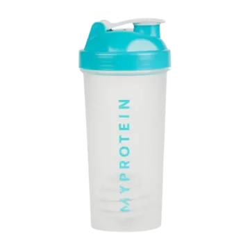 a white and blue shaker bottle with the word protein on it